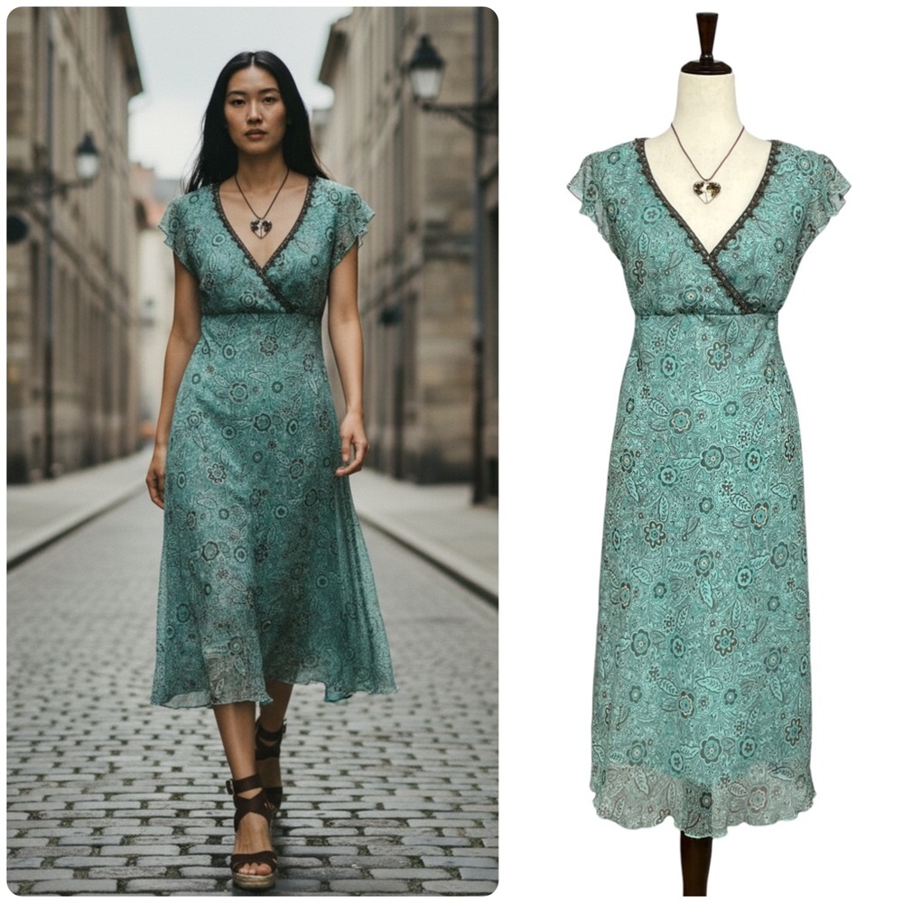 Vintage Y2K Dressbarn Teal Floral Midi Dress Empire Waist Boho Fairycore Size 10